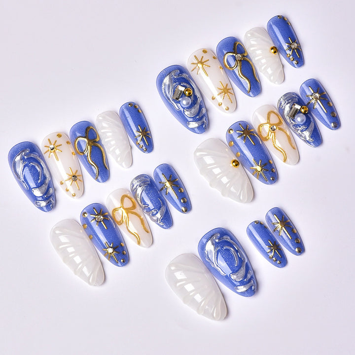 Artistic Press-On Nail Art Set with Gold and Pearl Accents Kalsten