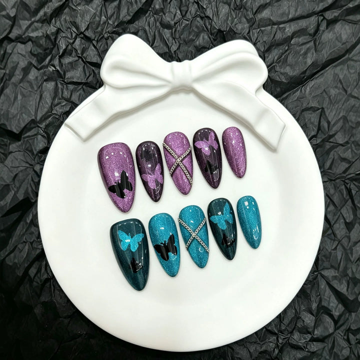 Artistic Press-On Nail Set with Butterfly Motifs