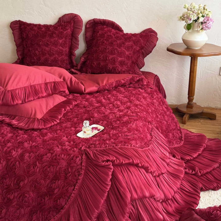 Romantic quilted bedspread with 3D rose appliqué, pleated frills and pillowcases