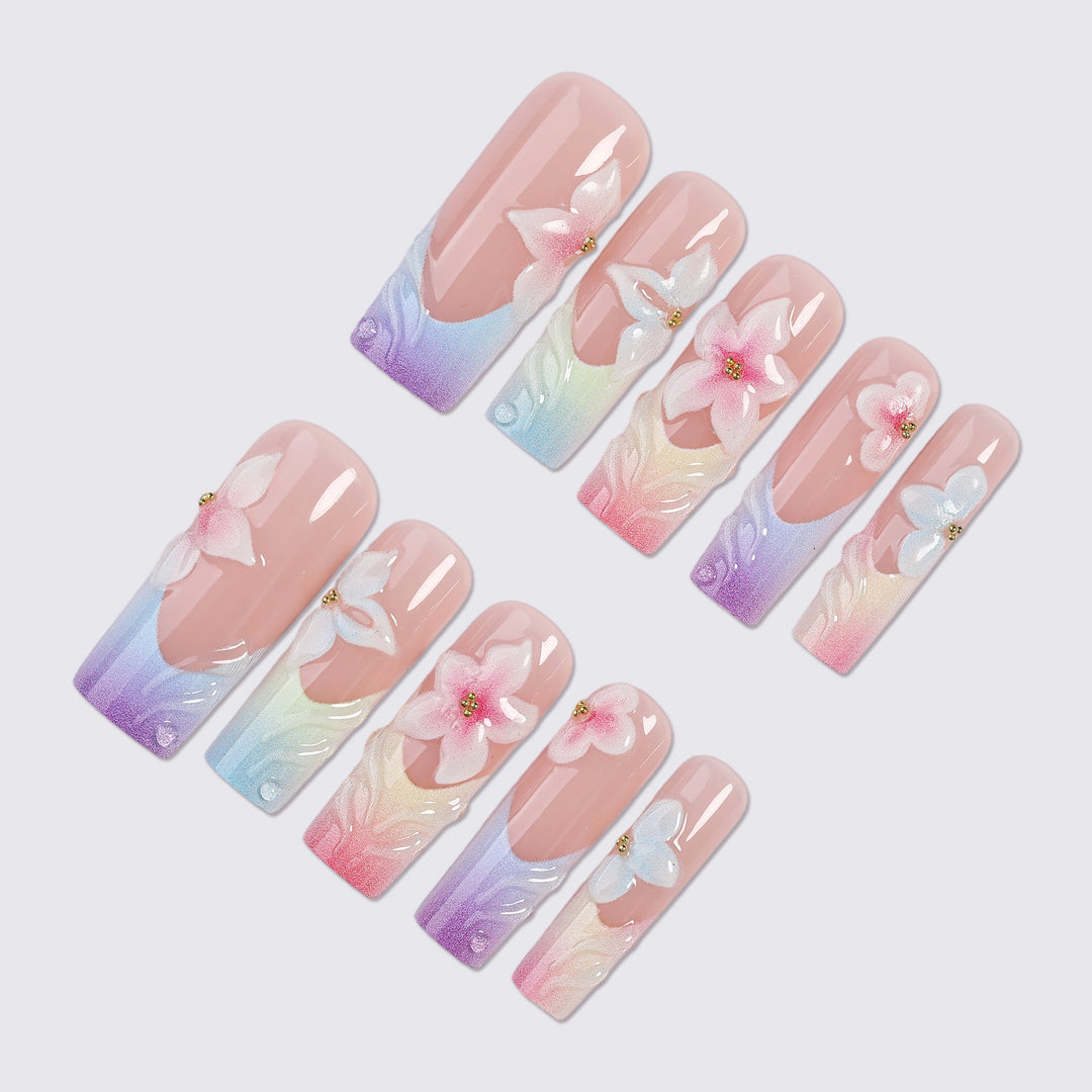 Artificial nail set with floral designs and elegant ombre effect Kalsten