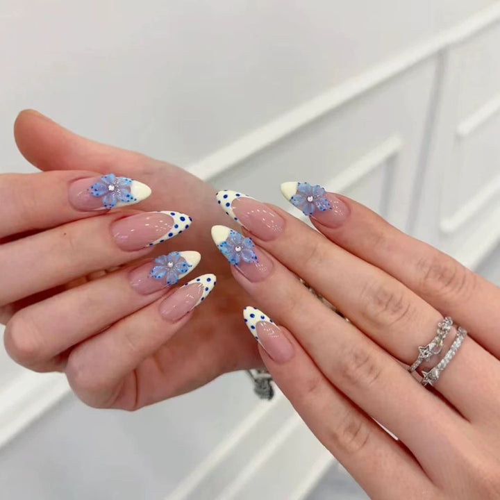Artistic Press-On Nail Set with Floral and Polka Dot Design Kalsten