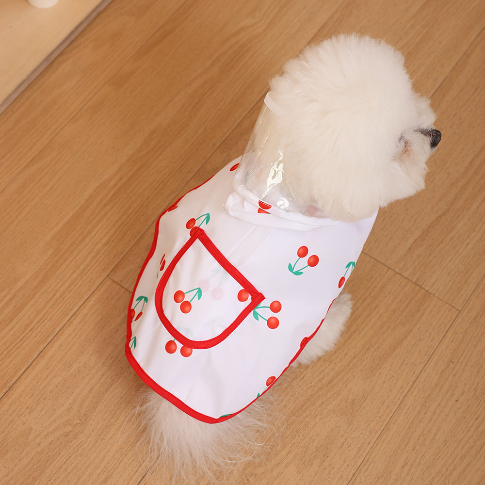 Waterproof Cherry-Print Hooded Dog Raincoat with Clear Visor and Front Pocket