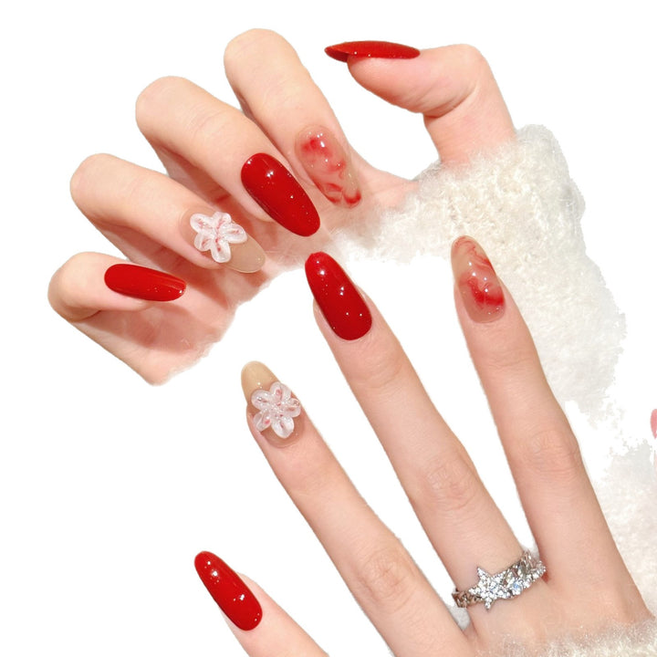 Artistic Press-On Nail Art Set with Floral and Glossy Designs