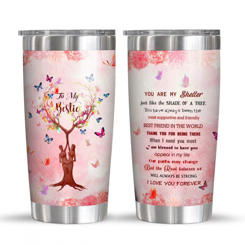 Double-Wall Vacuum Insulated Stainless Steel Travel Tumbler With Spill-Resistant Lid And Printed Cow Sunflower Design