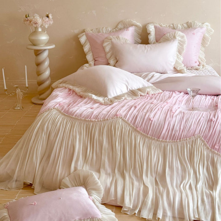 Luxurious romantic bedding set with pleated ruffles and decorative cushion