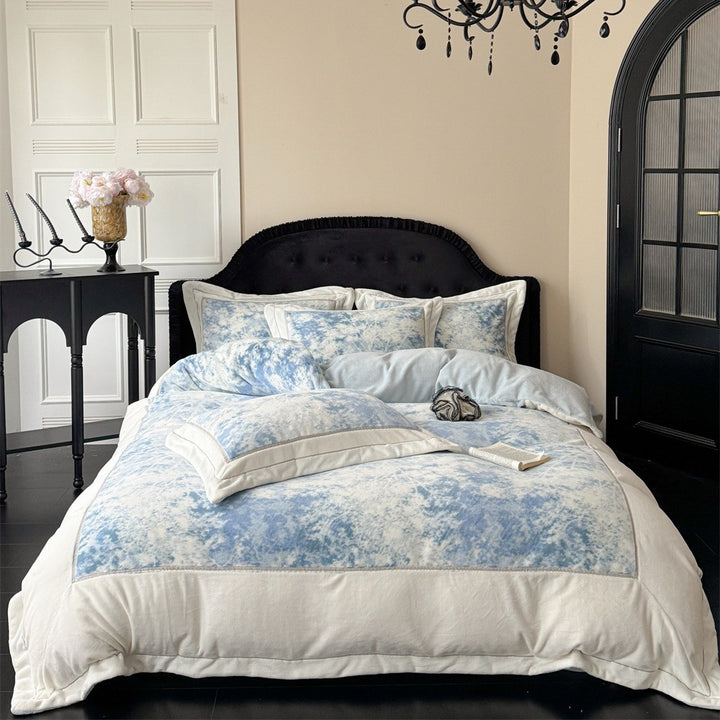 Luxurious velvet bedding set with floral texture and quilted edge