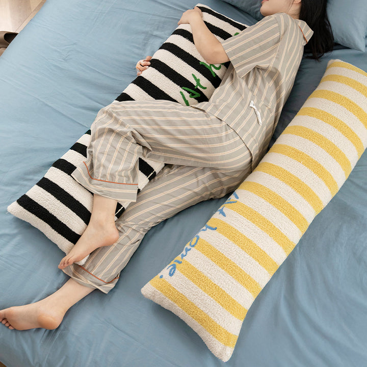 Long lumbar support cushion with ergonomic filling and striped chenille texture