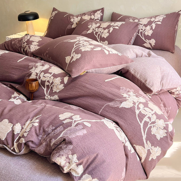 Floral Butterfly Duvet Cover Set With Brushed Cotton‑Blend Linen Texture And Corner Tie Pillowcase Ensemble