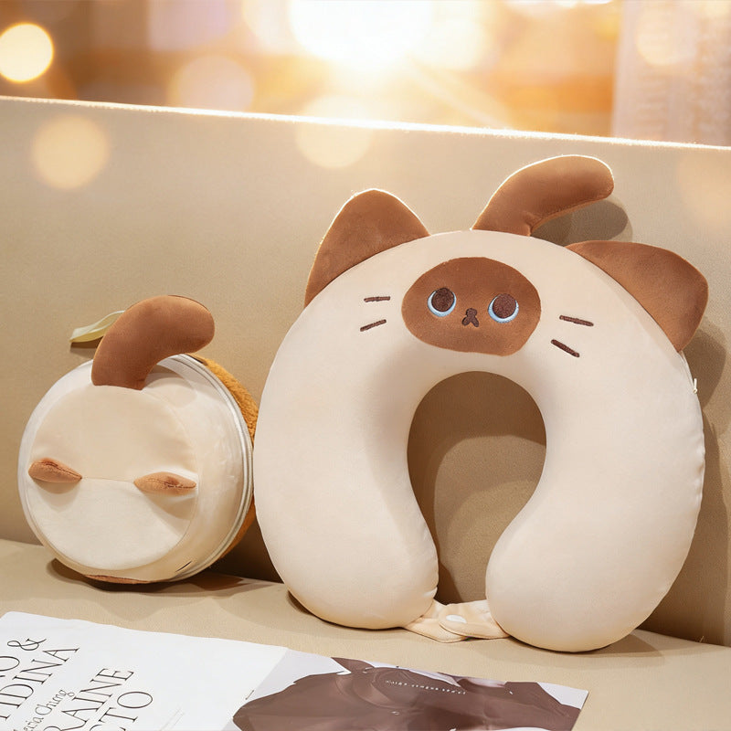 Cozy ergonomic travel pillow with cat design and integrated storage bag