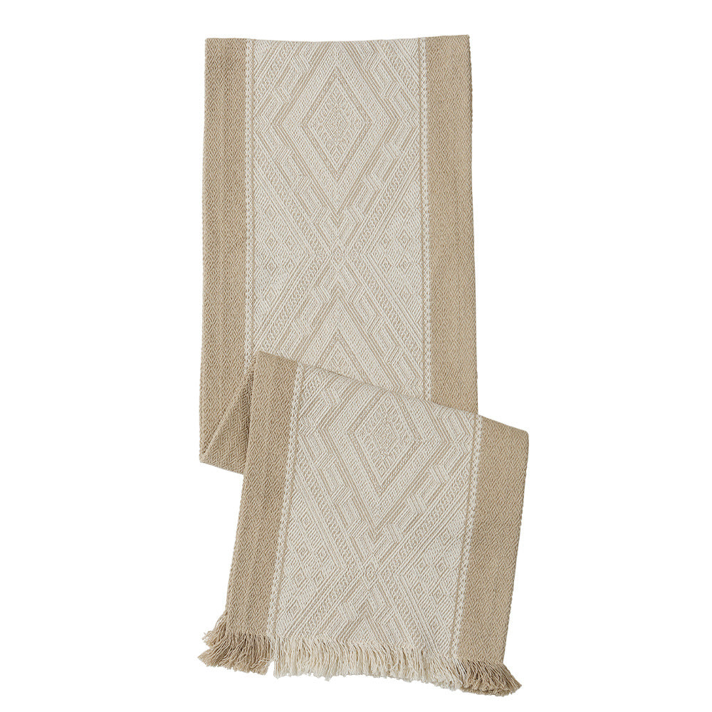 Woven table runner with geometric ethnic ornament and fringes Kalsten