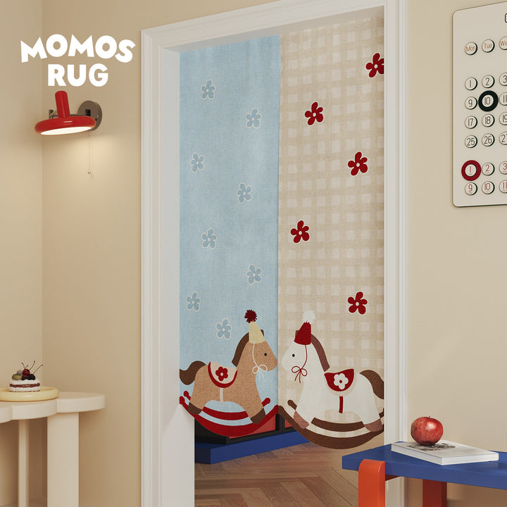 Kids' Split-Doorway Fabric Noren Curtain Panel with Playful Rocking Horse Print