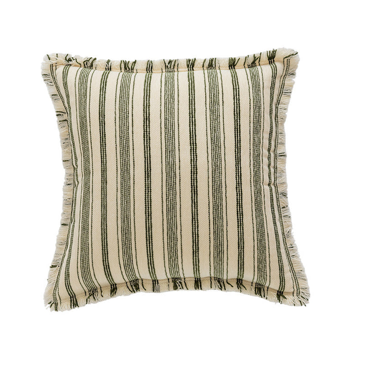 Striped Coastal-Inspired Cotton Square Pillow Cover with Fringed Edge and Concealed Zip