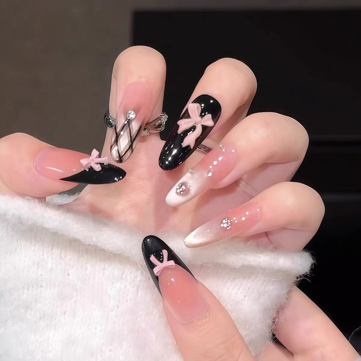 Unique Artistic Press-On Nail Set with Rhinestone and Bow Designs Kalsten