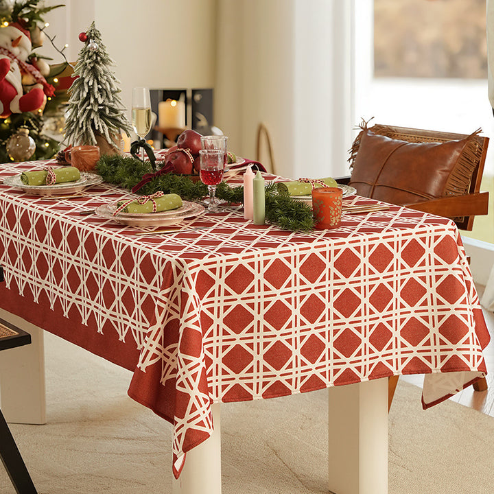 Jacquard-woven tablecloth with geometric pattern and water-repellent surface