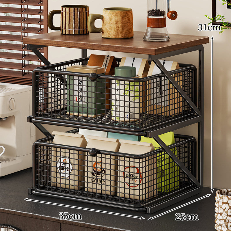 Countertop Coffee Station Organizer with Wooden Top and Metal Wire Basket