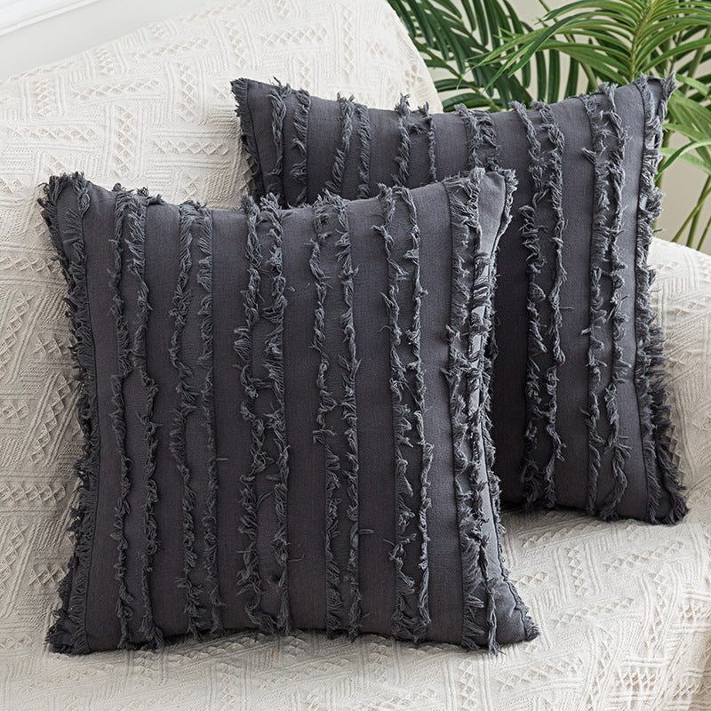 Decorative Fringed Textured Throw Pillow Cover Pair