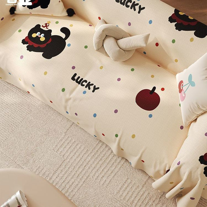 Stretch-Fit Cartoon-Print Textured Sofa Slipcover with Elasticized Corners