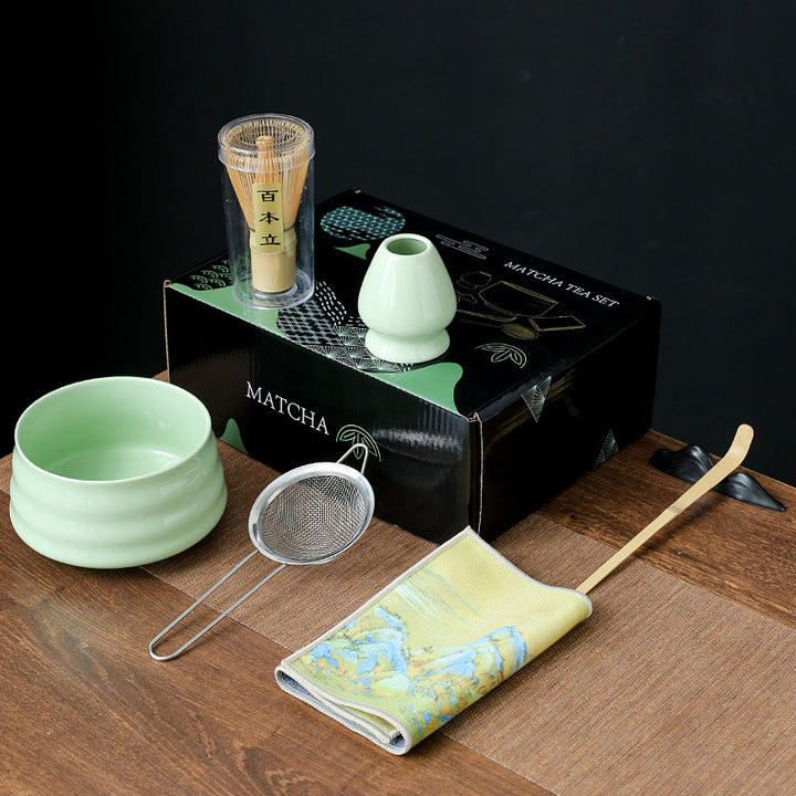 Traditional Japanese-Style Ceramic Matcha Tea Set With Bamboo Chasen Whisk Porcelain Matcha Bowl Brass Chashaku Scoop And Ceramic Whisk Holder