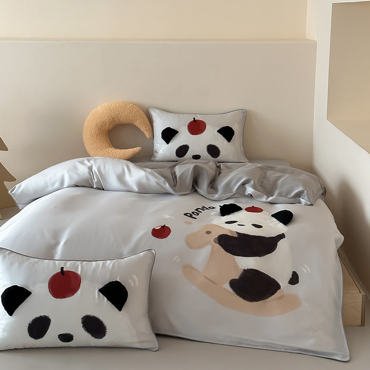Children's bedding made of silk-matte satin with illustrative panda and apple print as well as fine piping