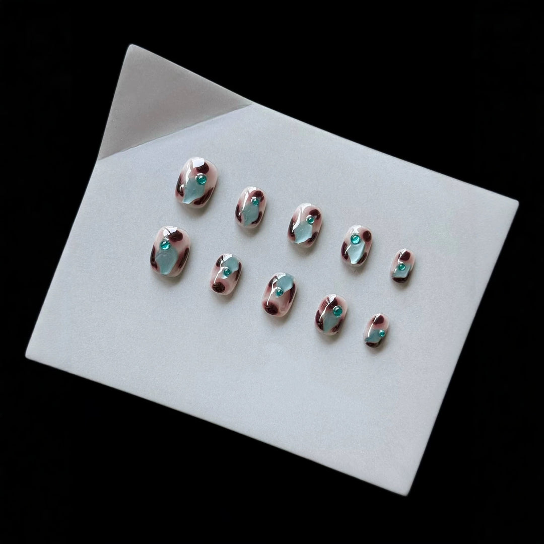Artistic Press-On Nail Art Set with Luxe Gem Accents