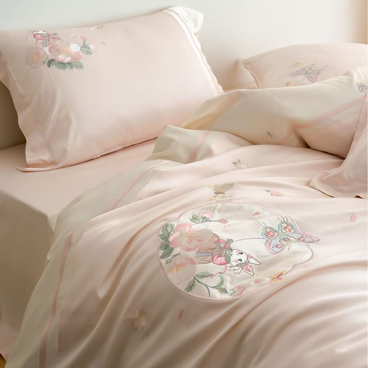 Satin bedding set with delicate butterfly and flower embroidery