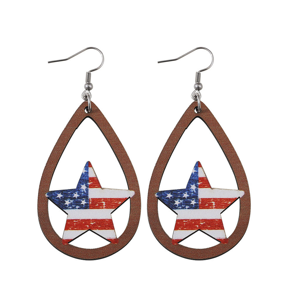 Women's nan patriotic teardrop wooden dangle earrings with star stripe cutout Kalsten