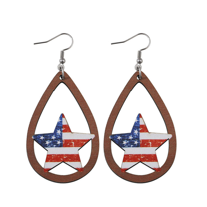 Women's nan patriotic teardrop wooden dangle earrings with star stripe cutout Kalsten