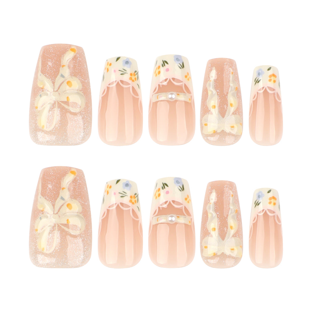 Artful Nail Extensions with Floral Design and Bow Accents Kalsten