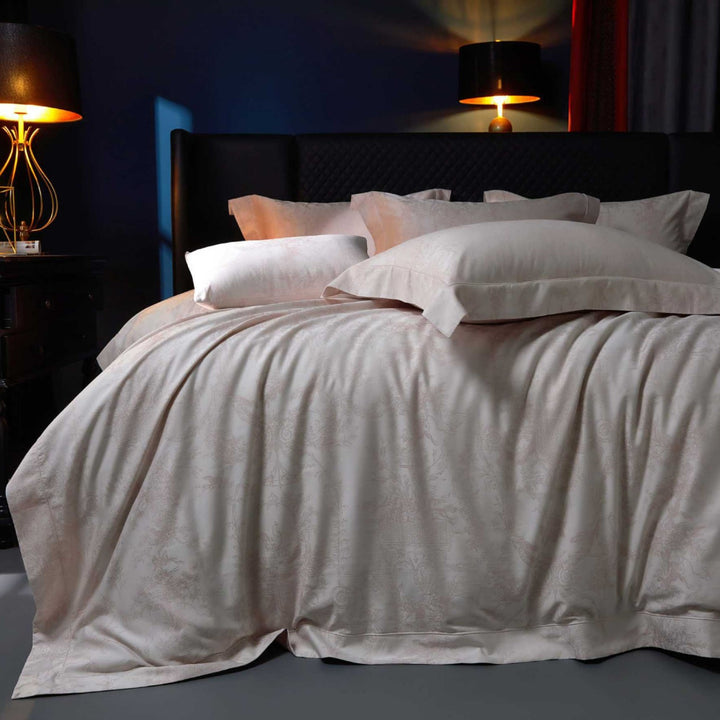 Fine woven jacquard bedding set with tone-on-tone ornamentation and flap edge