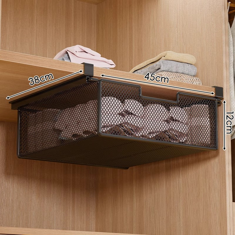 Under-Shelf Pull-Out Metal Mesh Closet Basket Organizer with Clamp Rail