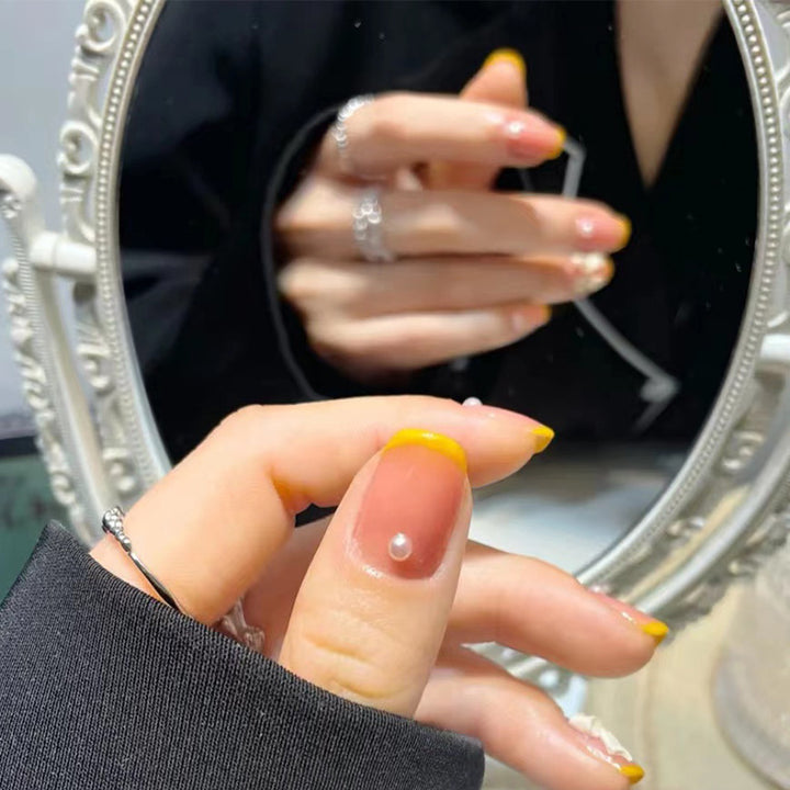 Decorative Press-On Nail Set with Pearls and Floral Accents