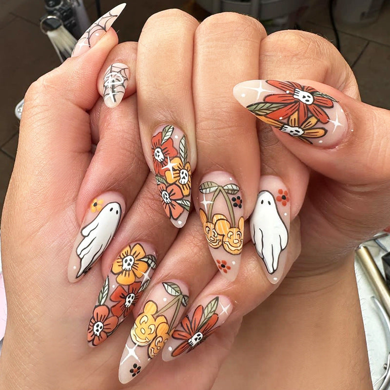 Artistic Press-On Nail Set with Seasonal Floral and Ghost Designs kalsten