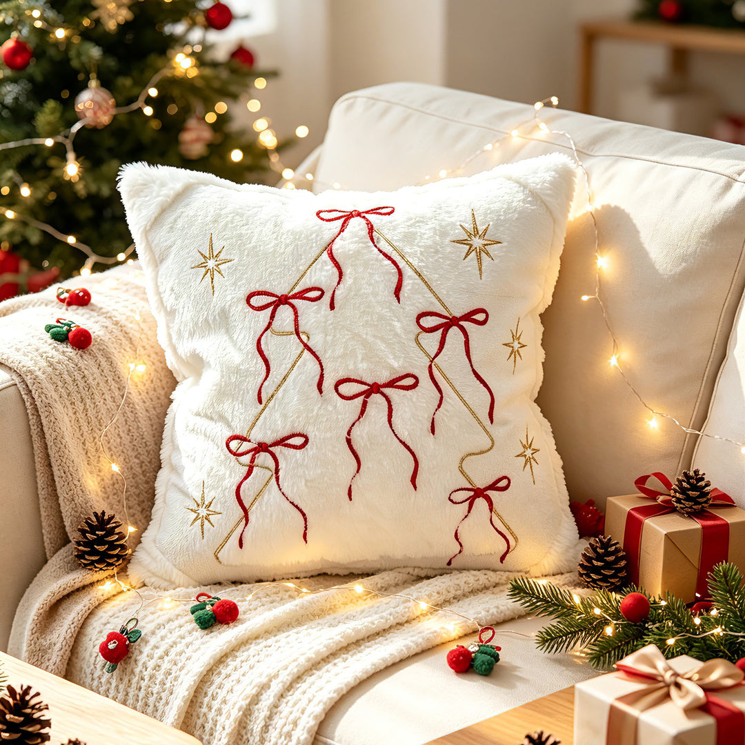 Festive Embroidered Faux-Fur Holiday Throw Pillow