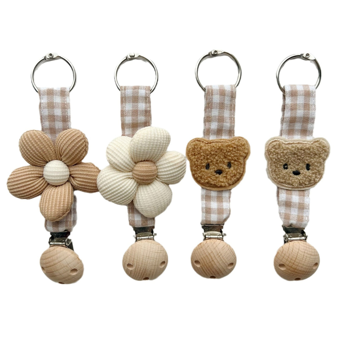Cotton Gingham Strap Pacifier Clip with Padded Floral Comforter and Wooden Safety Clamp