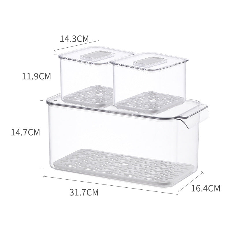 Fridge organizer and freshness box with removable ventilation grid and stackable design