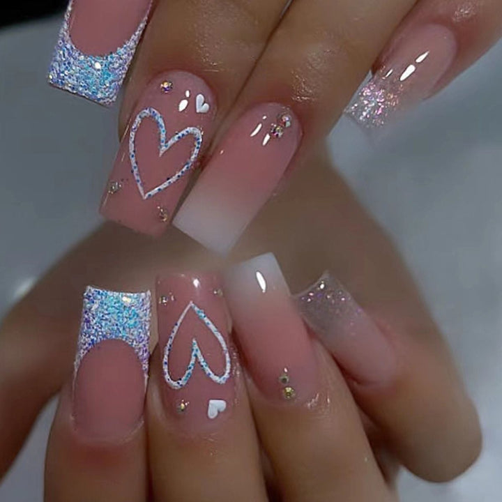 Artificial nail set with sparkling heart and glitter motifs Kalsten