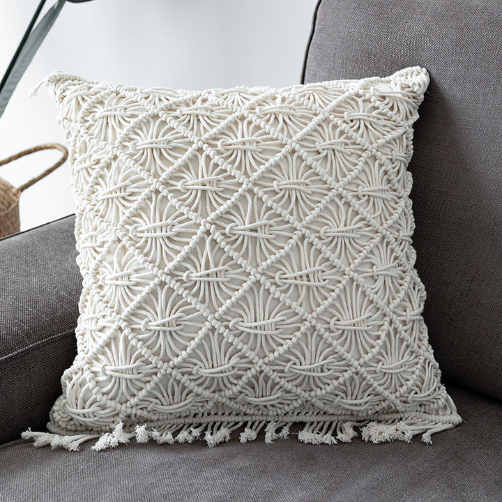 Round Macrame Decorative Pillow with Hand-Knotted Cotton Cover and Fringes