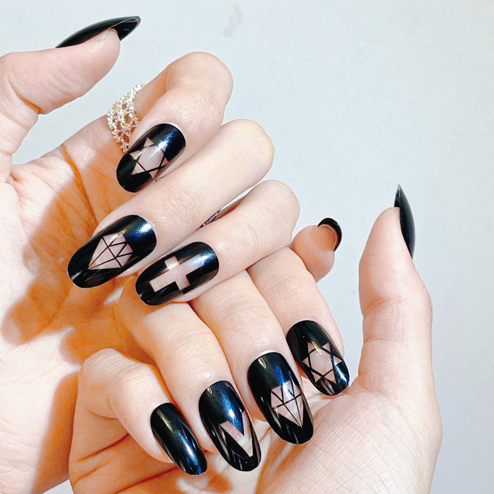Artistic Press-On Nail Set with Geometric and Symbolic Designs