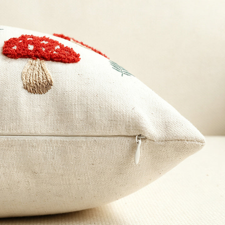 Embroidered Autumn Throw Pillow Cover with Mushroom and Leaf Appliqué