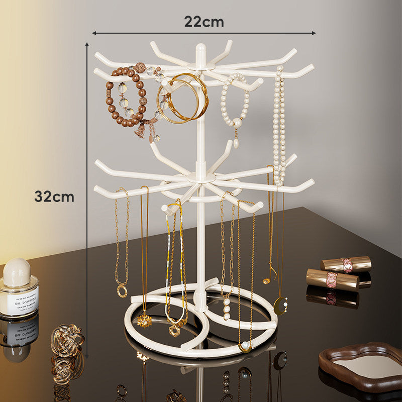 Rotating Tiered Jewelry Organizer Stand with Multi-Arm Hooks and Circular Ring Trays