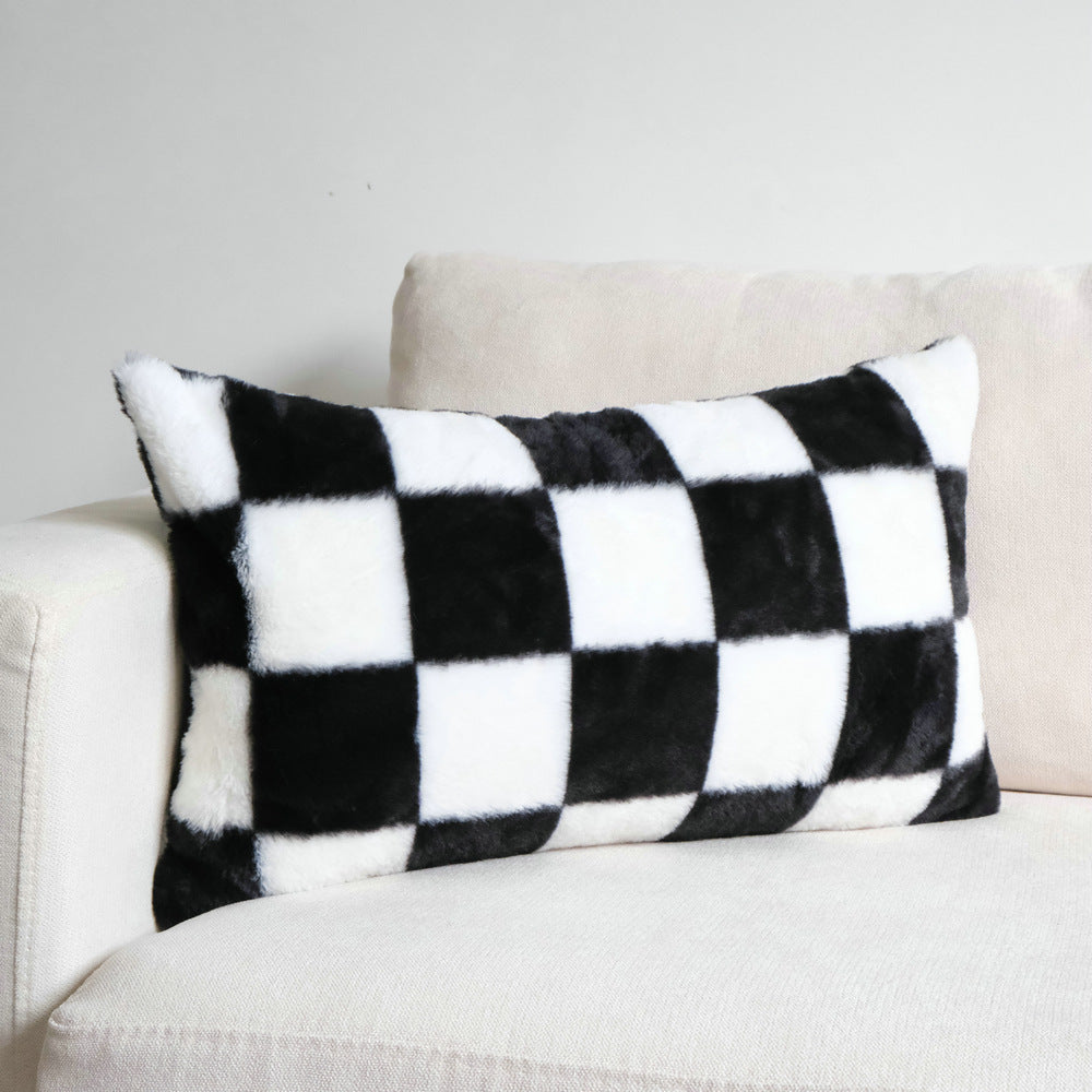 Checkered Faux Fur Accent Pillow for Home