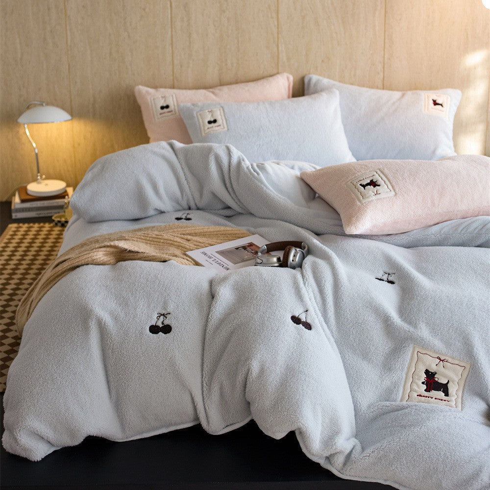 Cozy fleece bedding set with embroidered cherries and appliqués