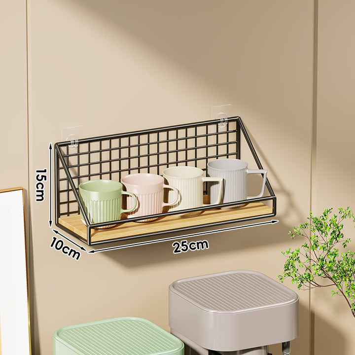 Ventilated Grid Wall Shelf with Wood-Look Tray and Clear Suction Mounts