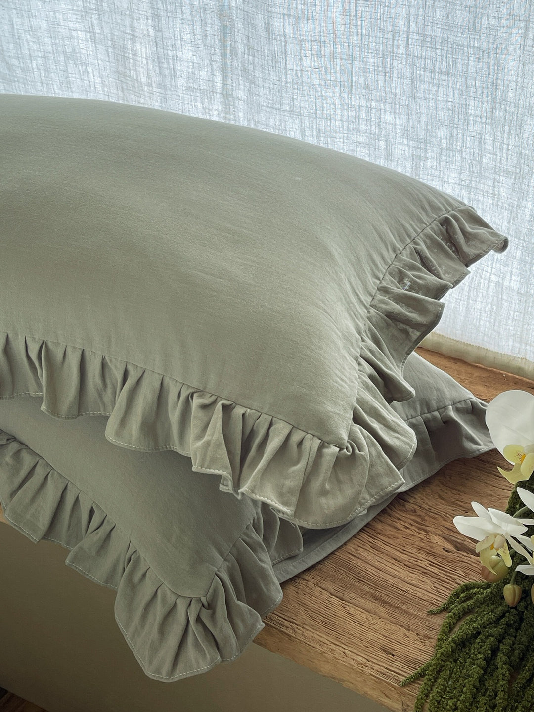 Ruffled Linen Pillowcase Set with Soft Washed Linen Texture