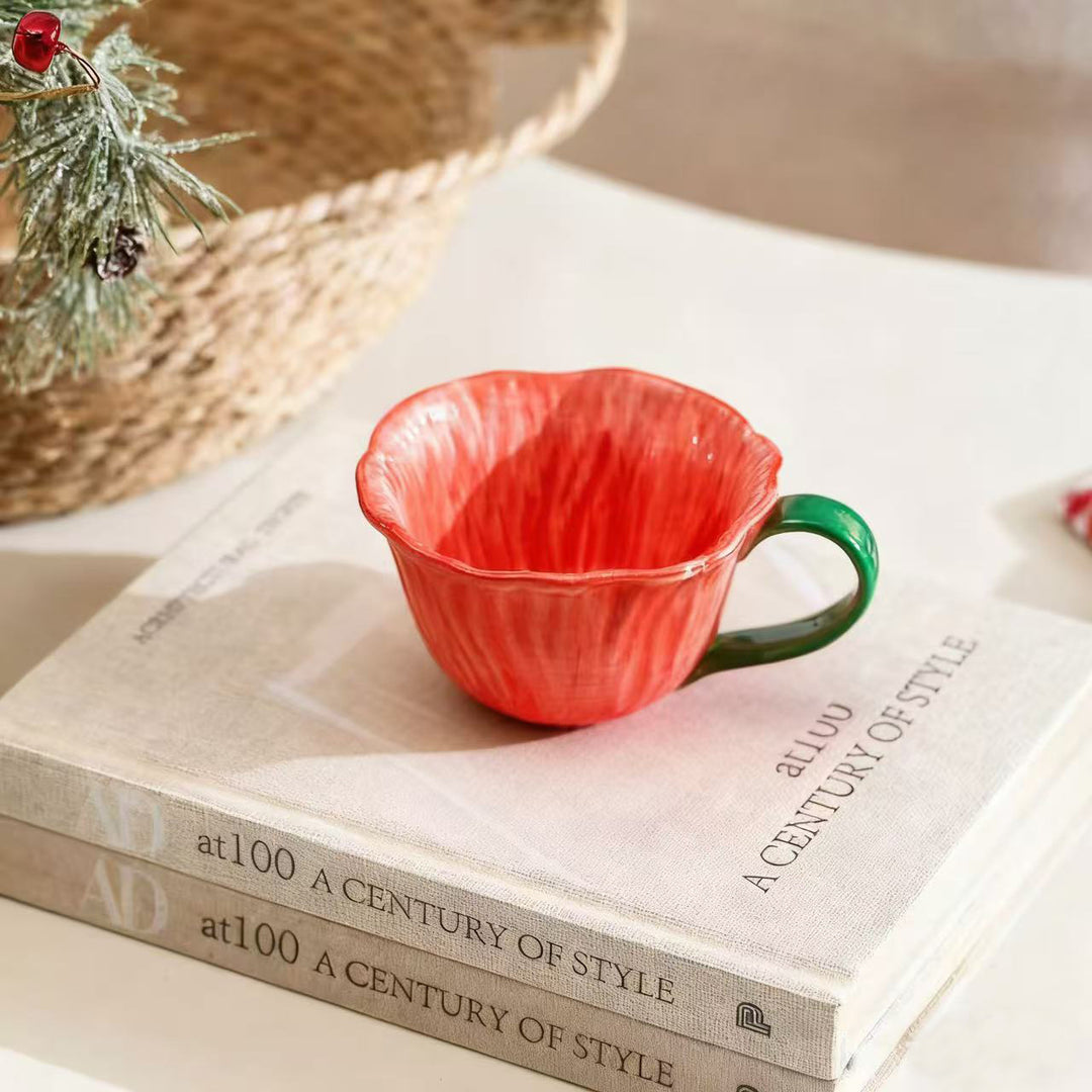 Ceramic mug with saucer in flower shape