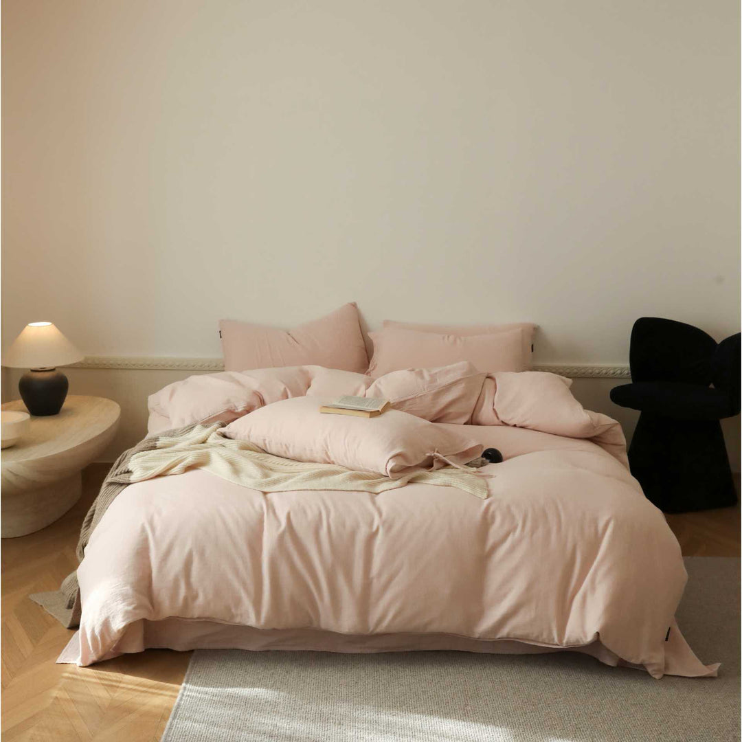 Breathable stonewashed bed linen set made of cotton-linen blend