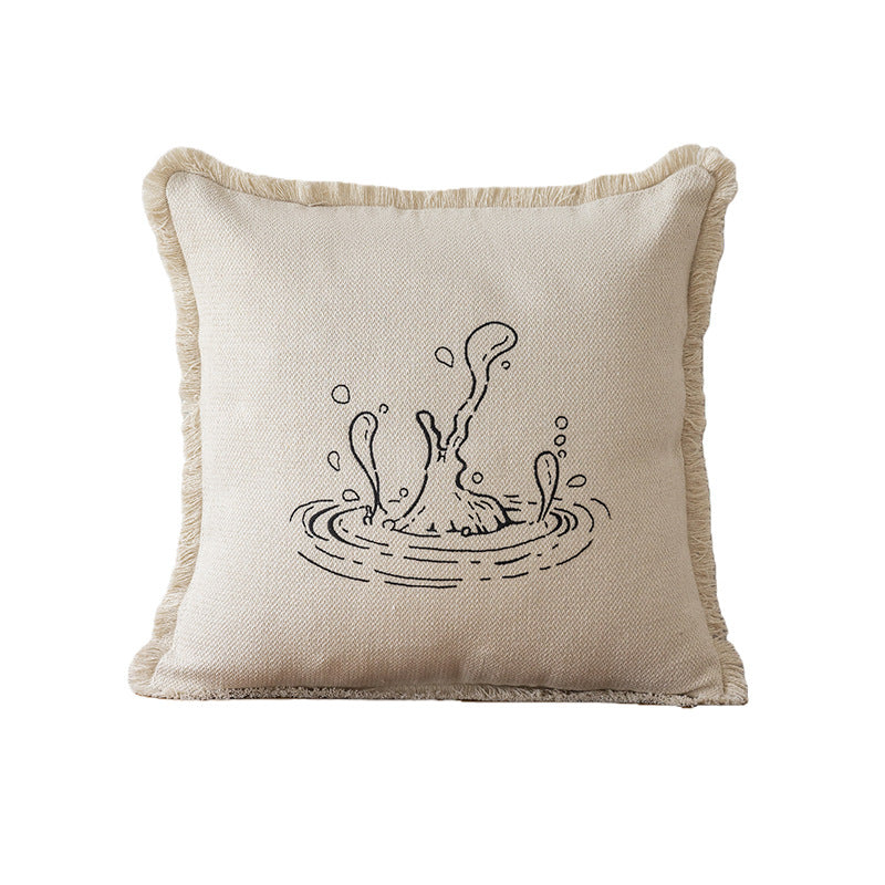 Decorative Embroidered Fish & Waves Fringe Throw Pillow with Linen-Blend Cover