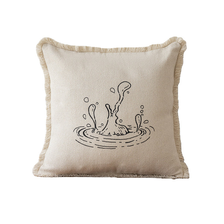 Decorative Embroidered Fish & Waves Fringe Throw Pillow with Linen-Blend Cover