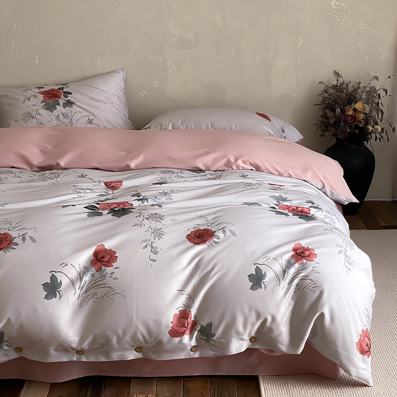 Premium cotton satin duvet cover set with floral jacquard relief and button closure