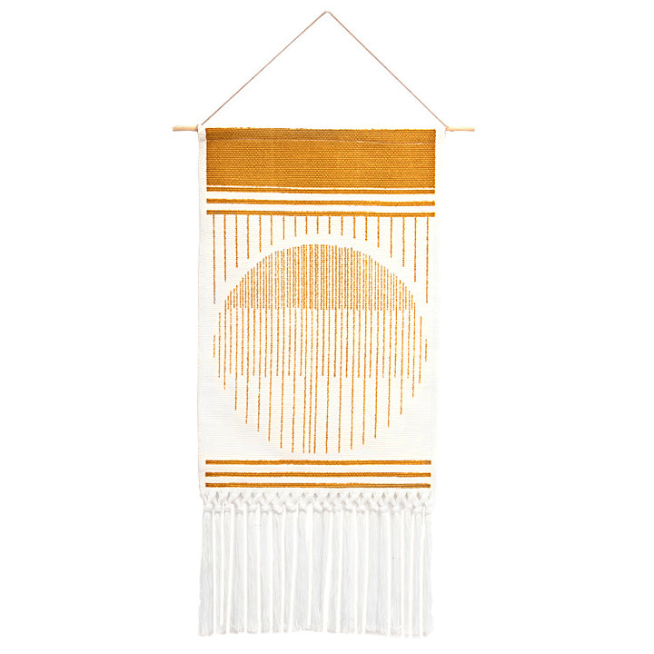 Handcrafted cotton tapestry wall decoration with macrame fringes and geometric circle motif